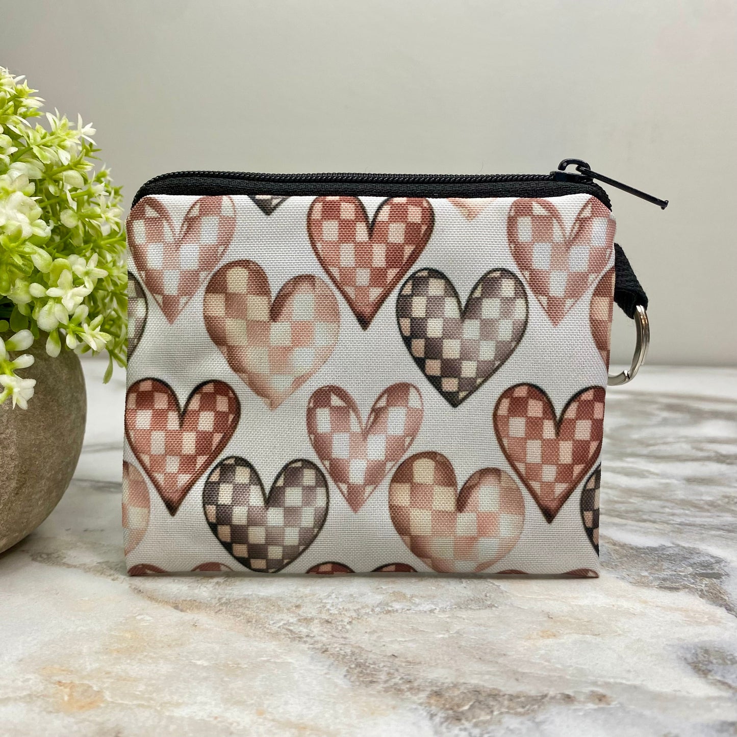 Checkered Hearts  - Water-Resistant Mini Pouch w/ Keyring