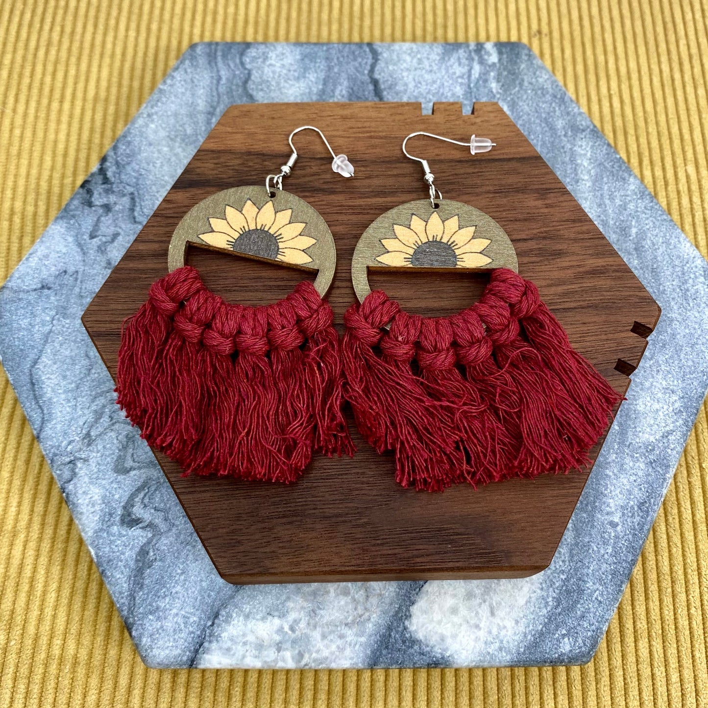 Wood & Macrame Earrings - Half Sunflower