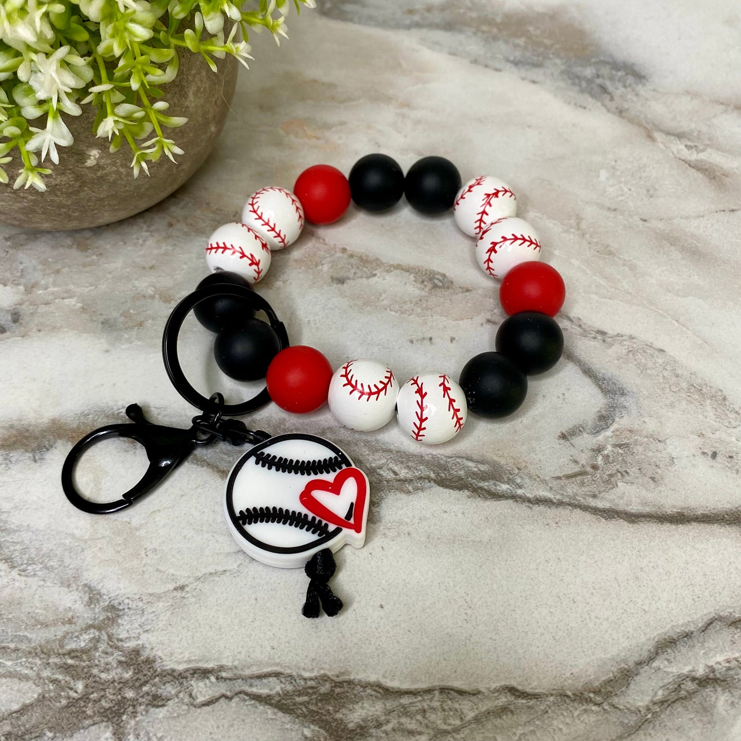 Wood & Silicone Bracelet Keychain - Red & Black Baseba