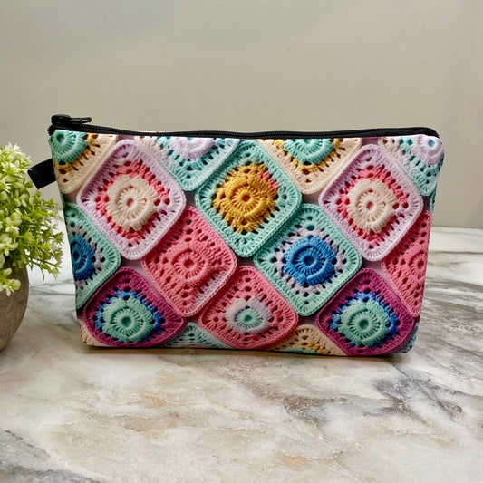 Pastel Crochet Squares - Water-Resistant Multi-Use Pouch