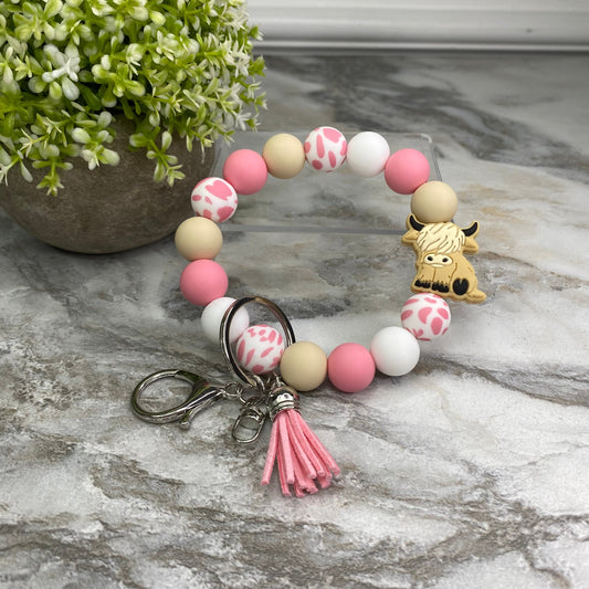 Silicone Bracelet Keychain - Pink Spot Highland Cow