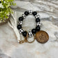 Wooden Bead Bracelet Keychain - Mama - Black & White Plaid