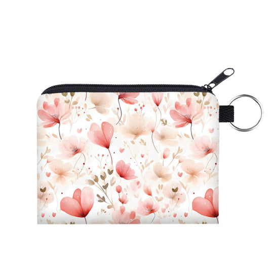 Floral Pale Pink & Cream - - Water-Resistant Mini Pouch w/ Keyring