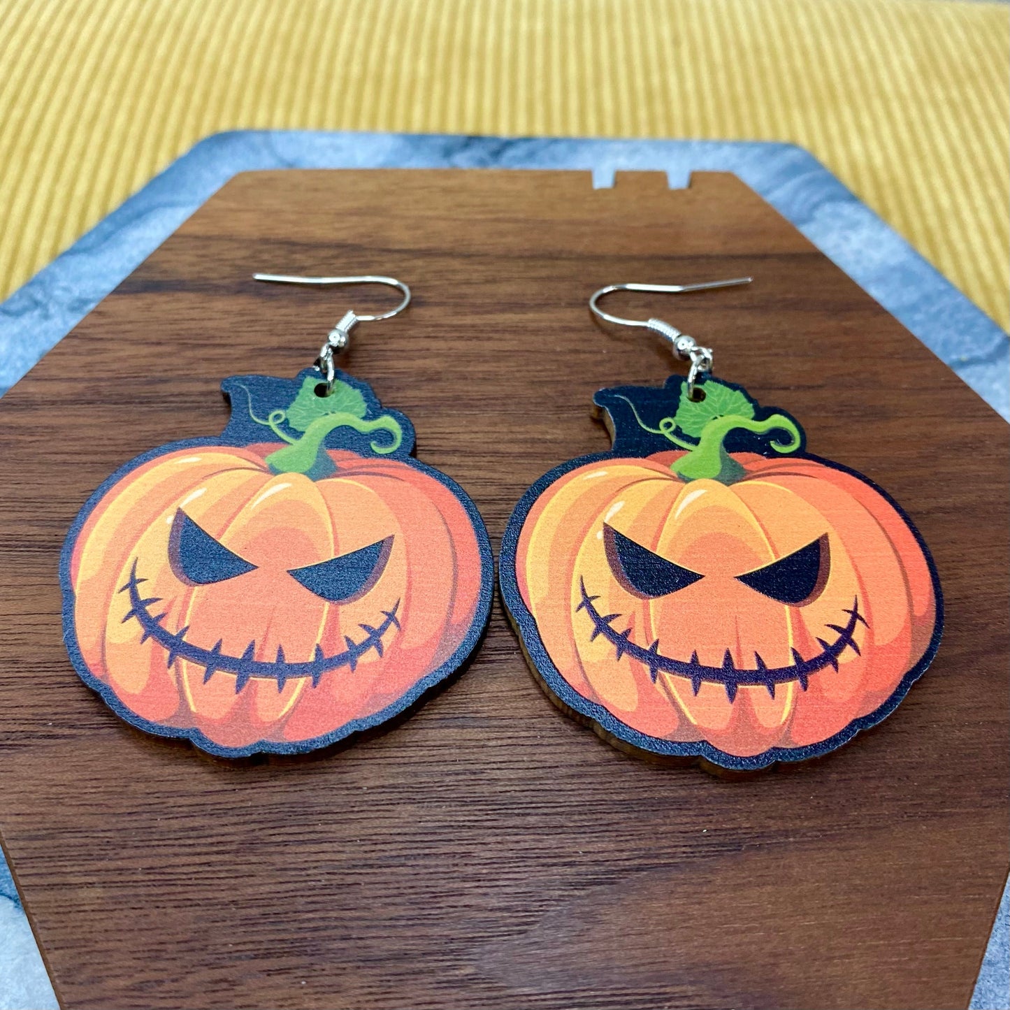 Wooden Dangle Earrings - Pumpkin Face