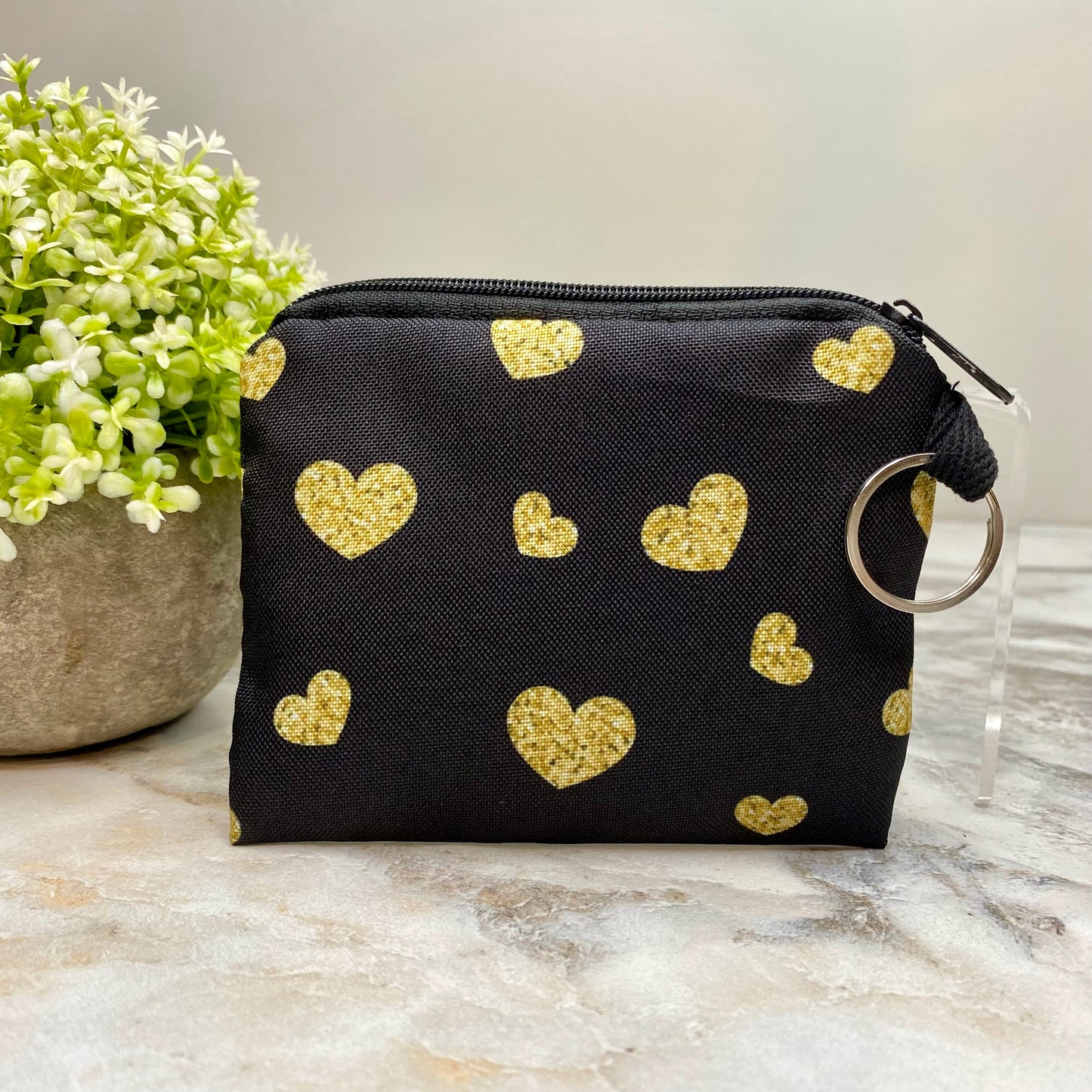 Gold Hearts on Black - Water-Resistant Mini Pouch w/ Keyring