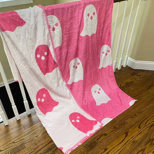 Double Sided Ghosts Pink & White Minky Blanket