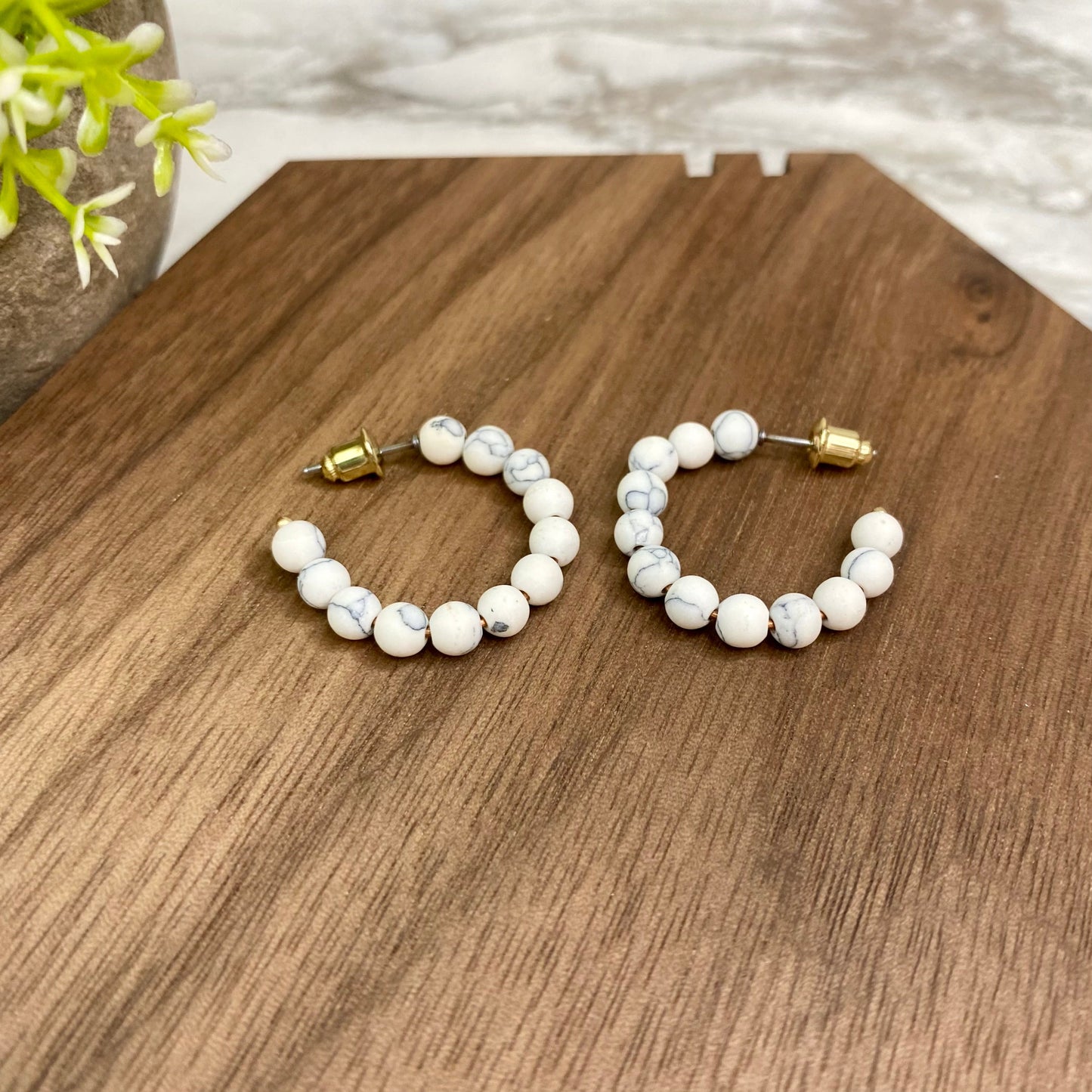 Stone Dangle Earrings - Marble Hoops