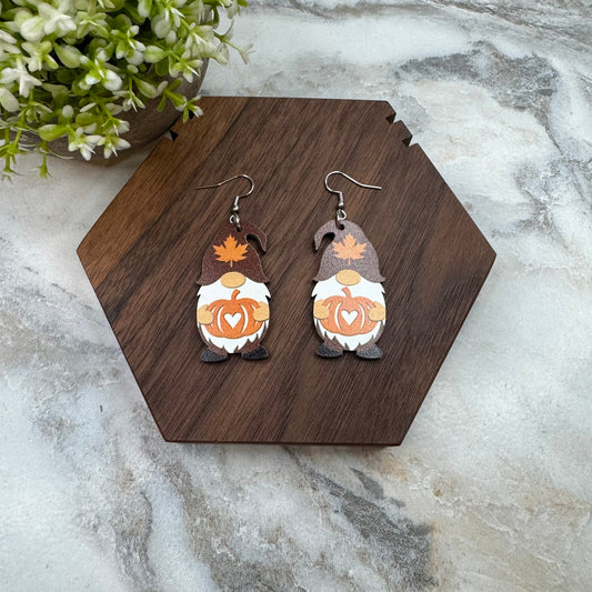 Wooden Dangle Earrings - Fall - Gnome Heart Pumpkin