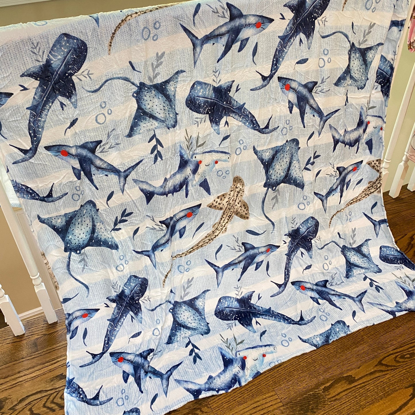 Ocean Blue Stripe Stingray Shark Minky Blanket