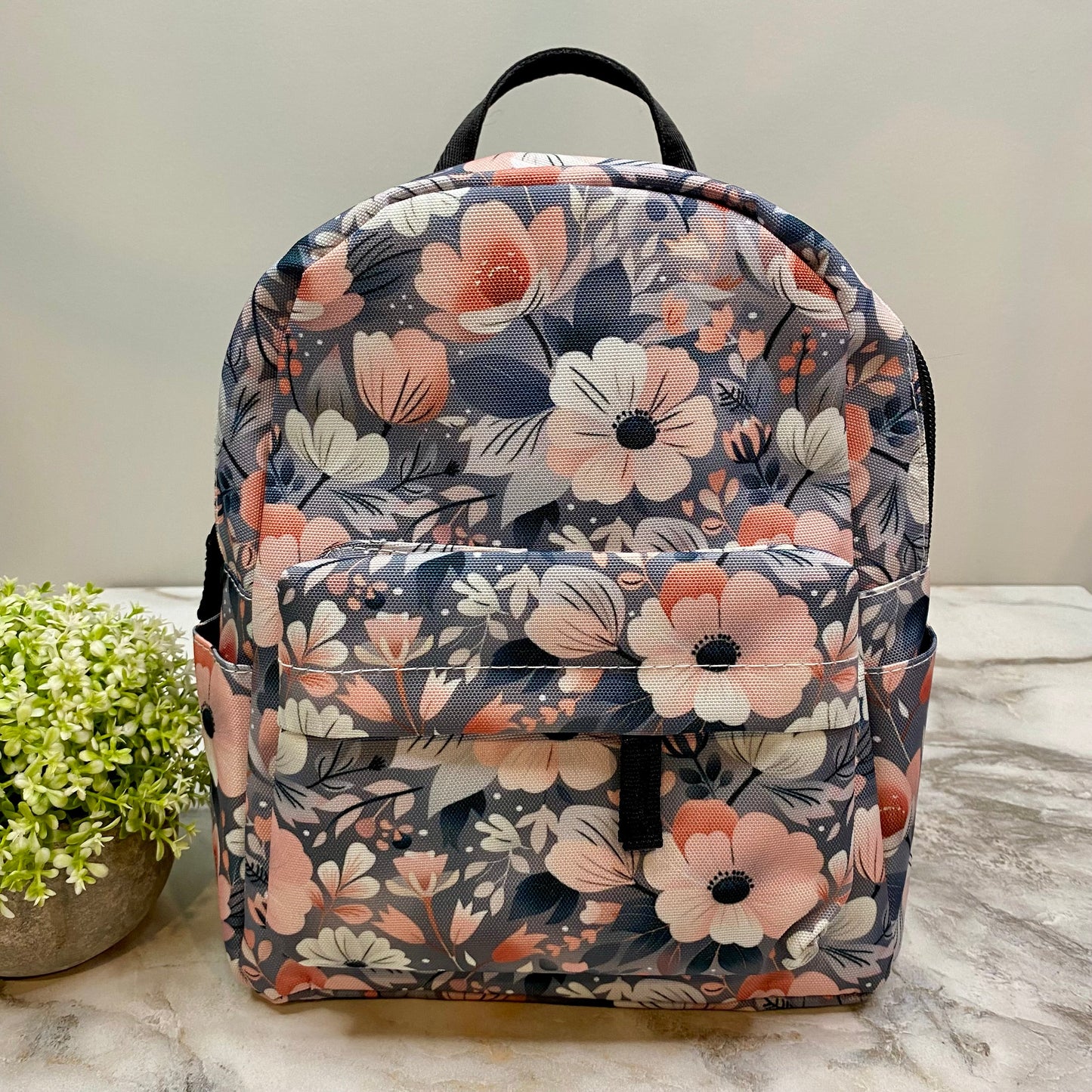 Grey Pink Floral - Water-Resistant Mini Backpack