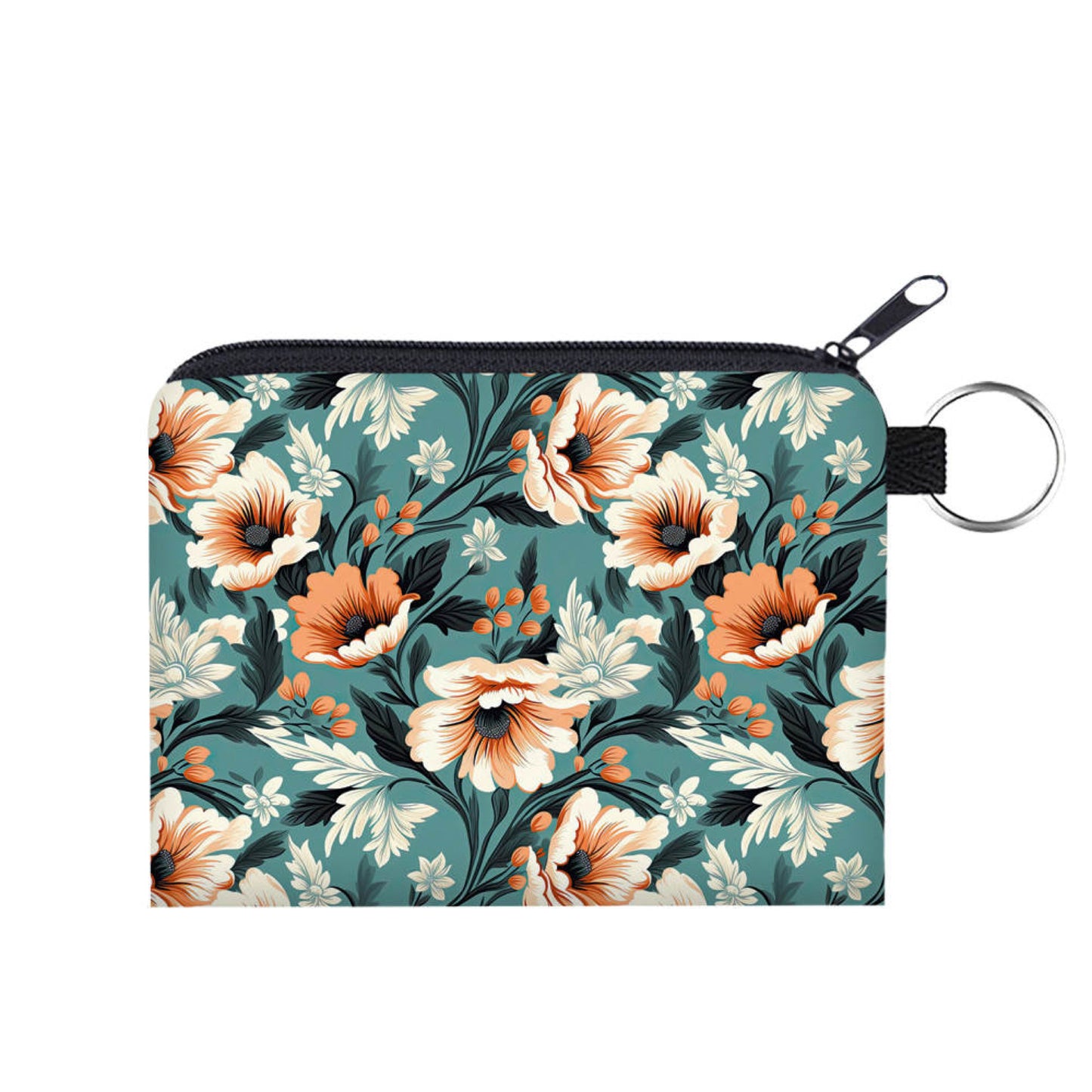 Orange Cream Floral On Blue - Water-Resistant Mini Pouch w/ Keyring