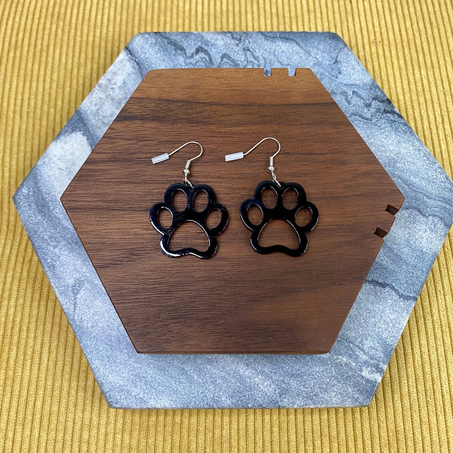 Acrylic Dangle Cutout Earrings - Black Paw Print