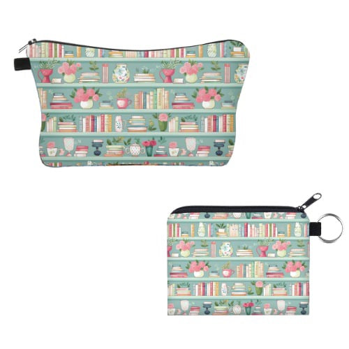 Mint Floral Bookcase - Water-Resistant Pouch Set