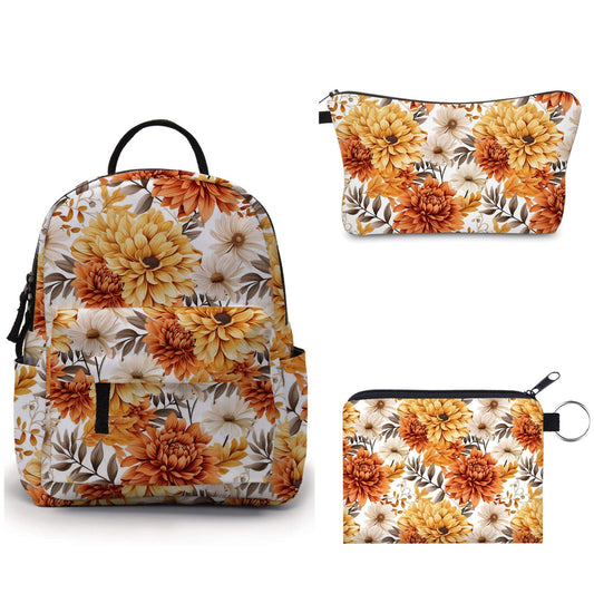 Orange Cream Brown Floral Water-Resistant Mini Backpack & Pouches Set