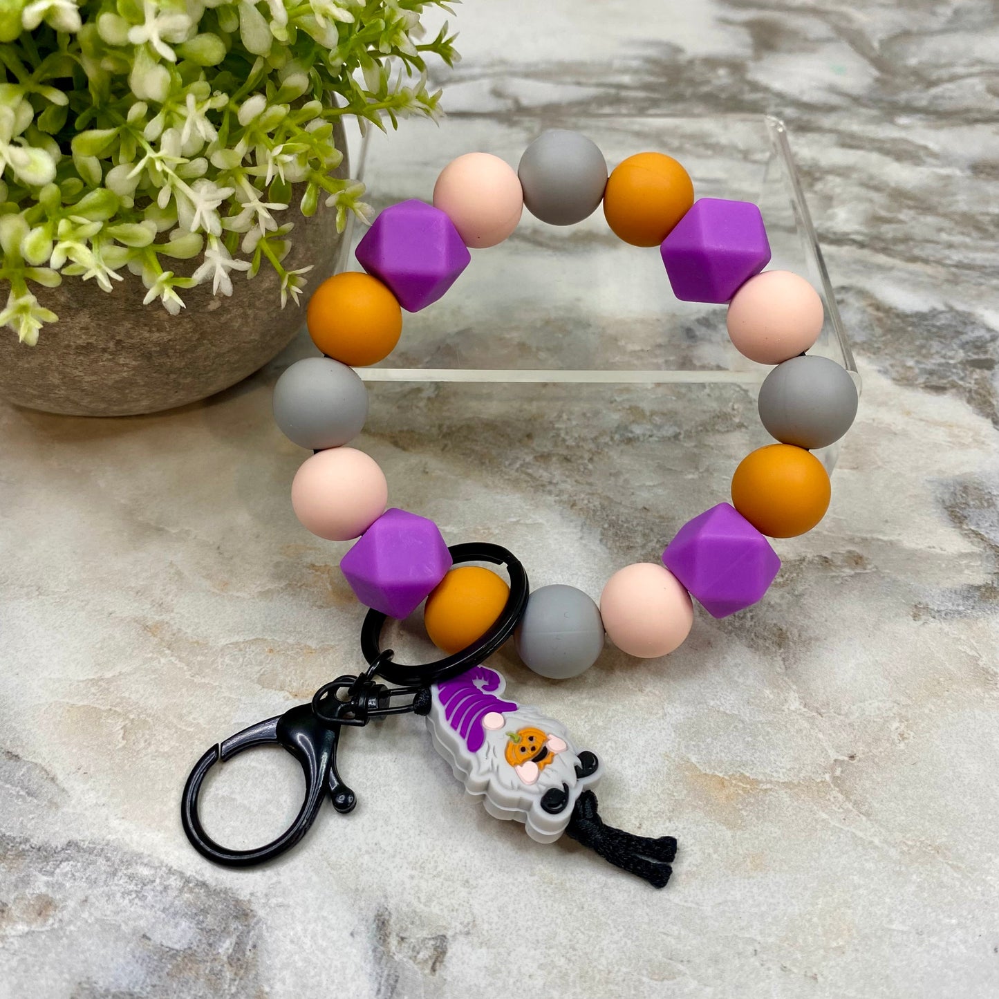 Silicone Bracelet Keychain - Halloween - Gnome Pumpkin Purple Orange