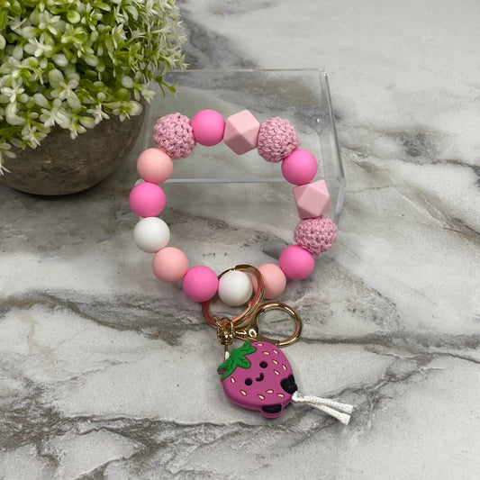 Silicone Bracelet Keychain - Pink Strawberry