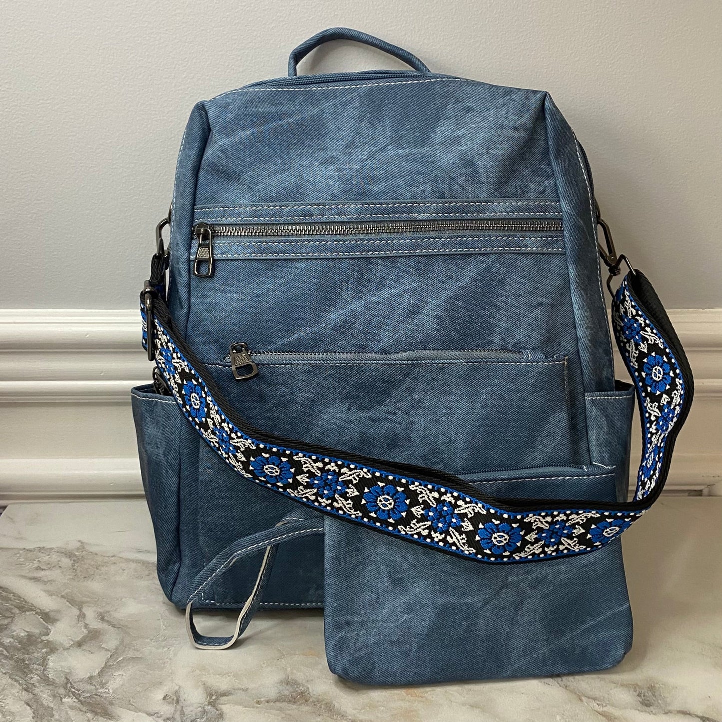 Denim Suede Brooke Backpack + Pouch