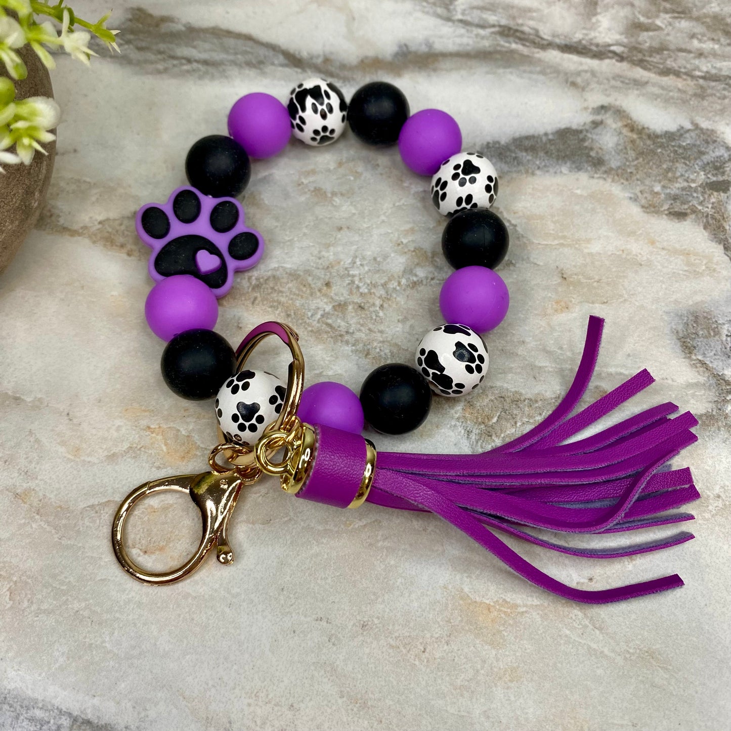 Wood & Silicone Bracelet Keychain - Purple Paw Print