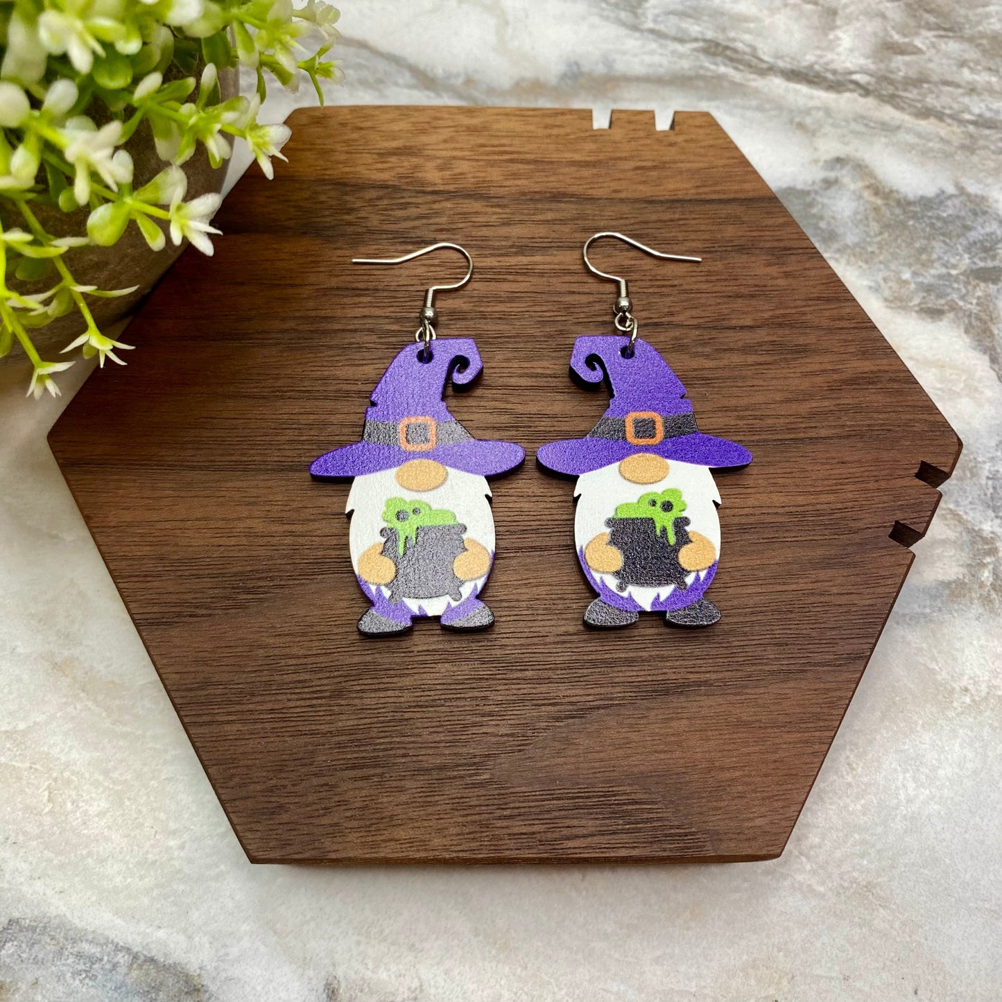 Wooden Dangle Earrings - Halloween - Gnome Cauldron