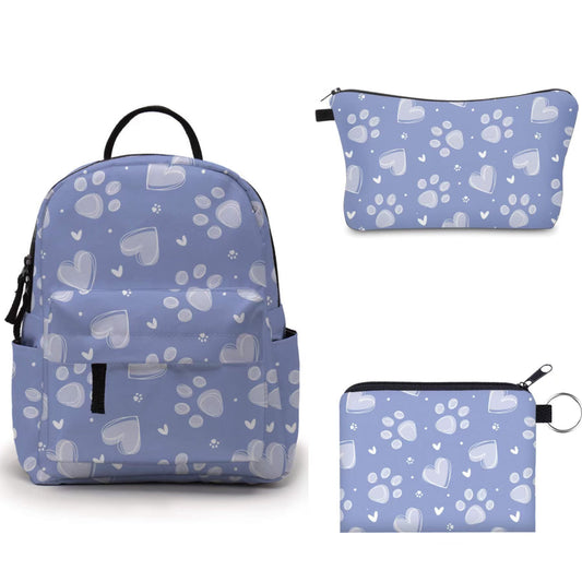 Dog Blue Heart Paw - Water-Resistant Mini Backpack & Pouches Set