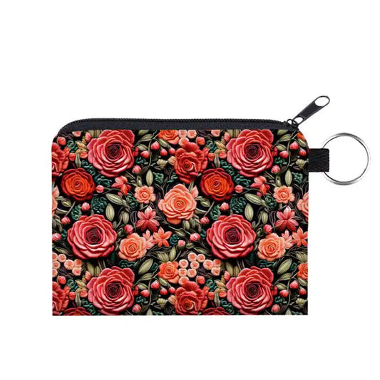 Embroidered Roses Floral - Water-Resistant Mini Pouch w/ Keyring