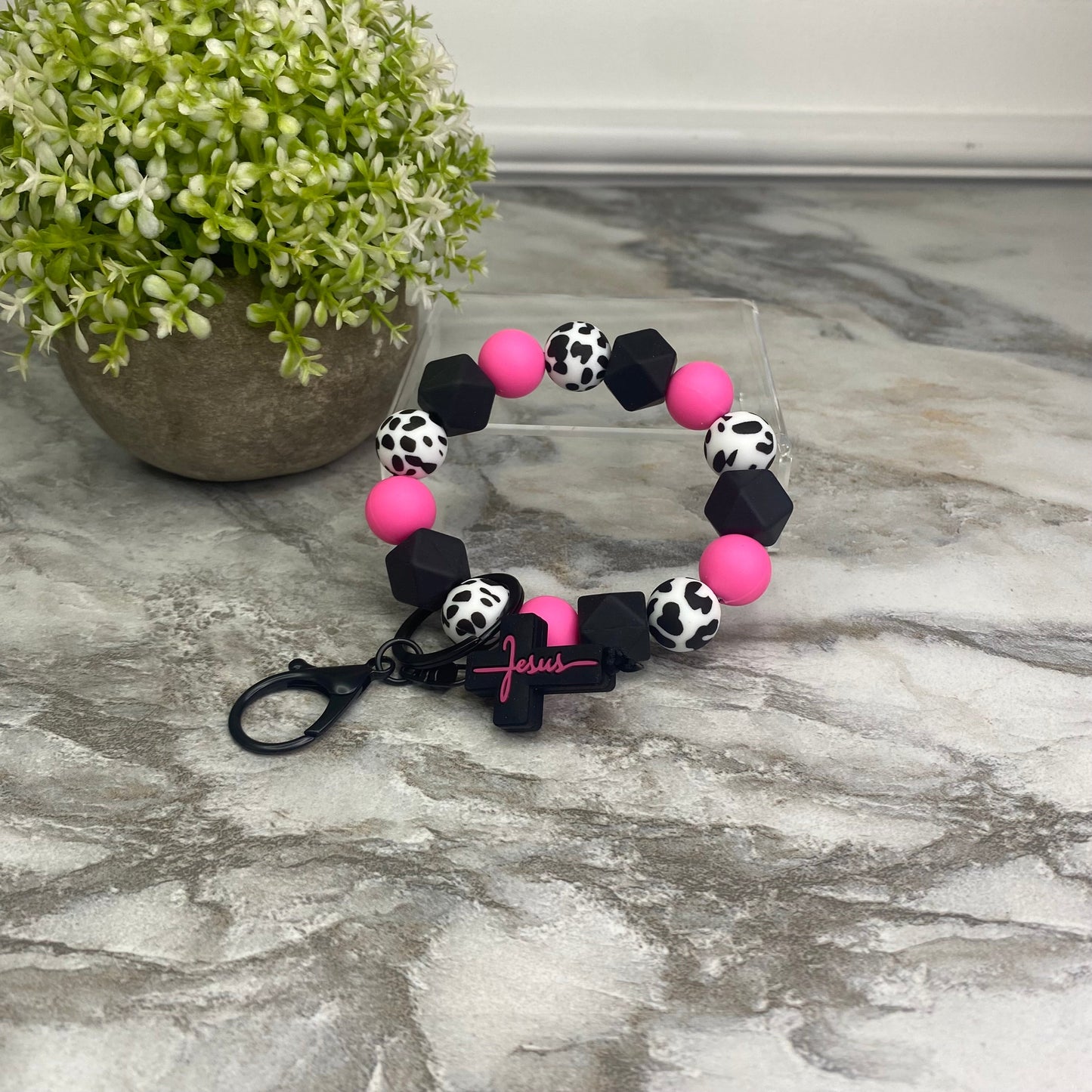 Silicone Bracelet Keychain - Jesus, B&W Cow + Hot Pink