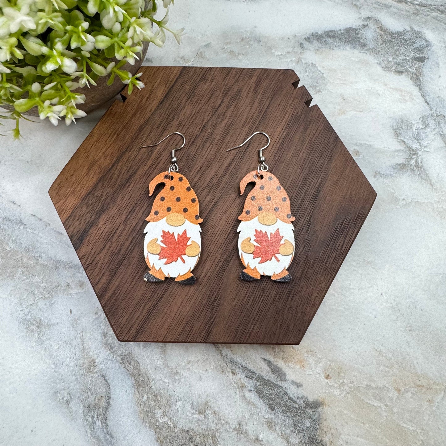 Wooden Dangle Earrings - Halloween - Gnome Leaf