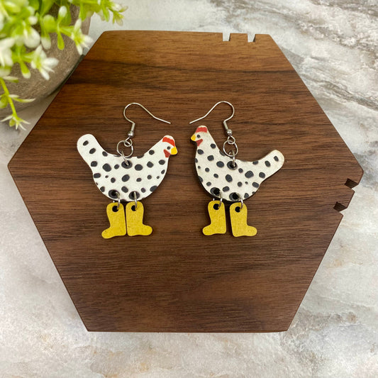 Wooden Dangle Earrings - Chicken - #4