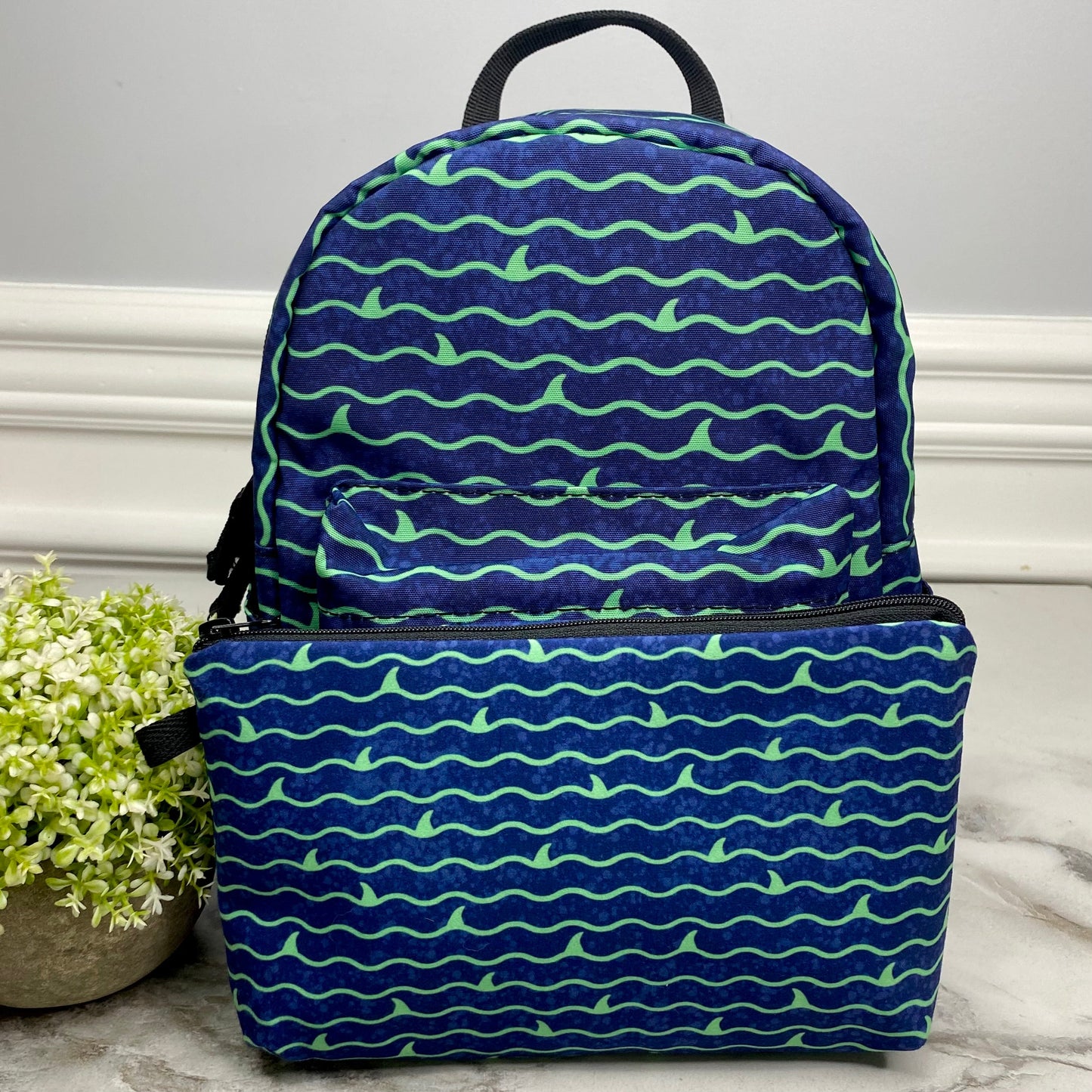 Shark Waves Green Blue - Water-Resistant Mini Backpack & Pouches Set