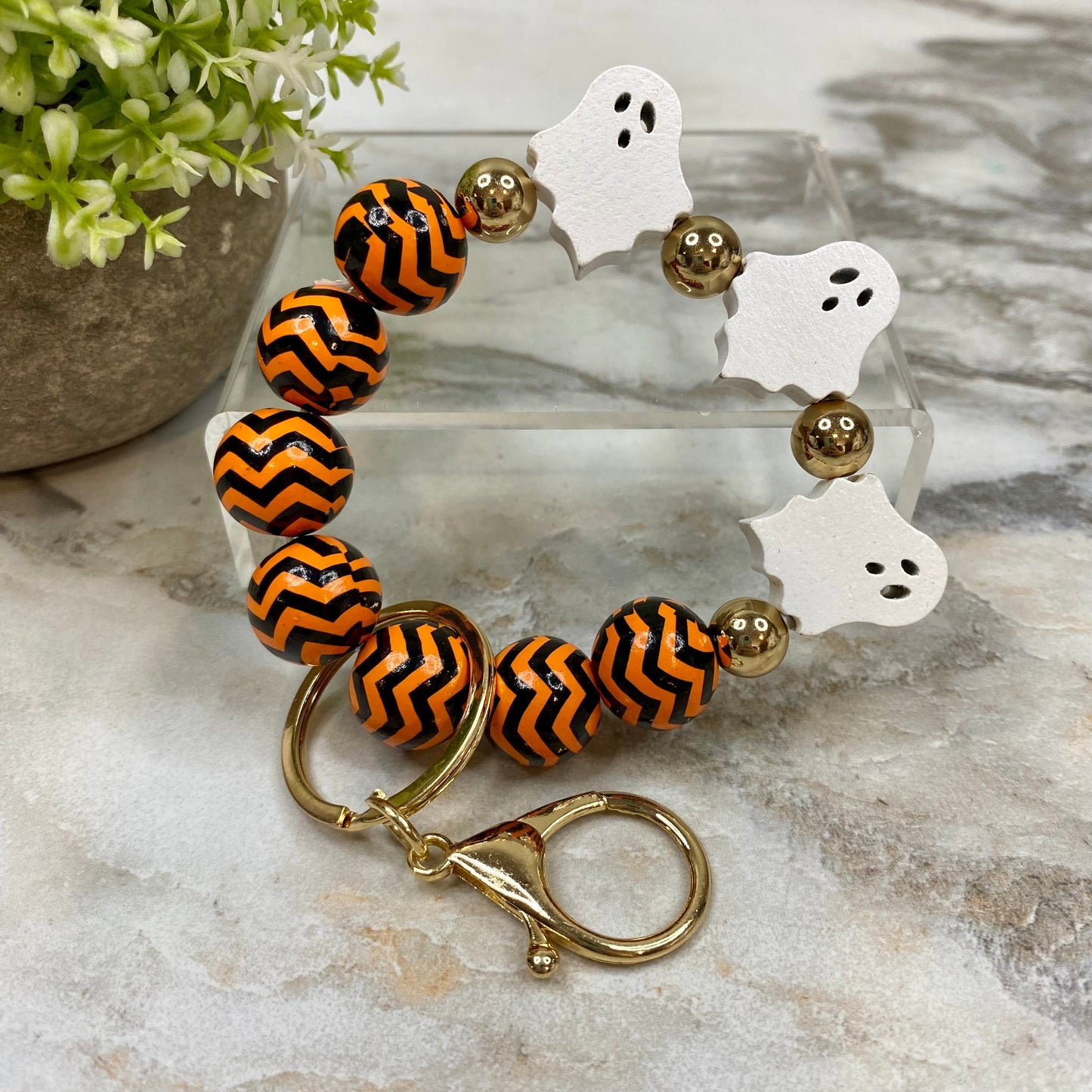 Wood Bracelet - Halloween - Ghost Orange Black Chevron