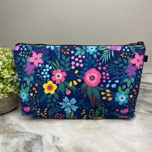 Floral on Dark Blue - Water-Resistant Multi-Use Pouch