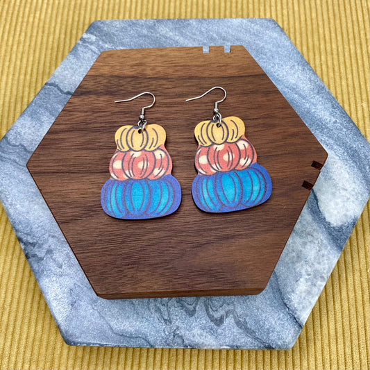 Wooden Dangle Earrings - Fall - Stacked Pumpkins