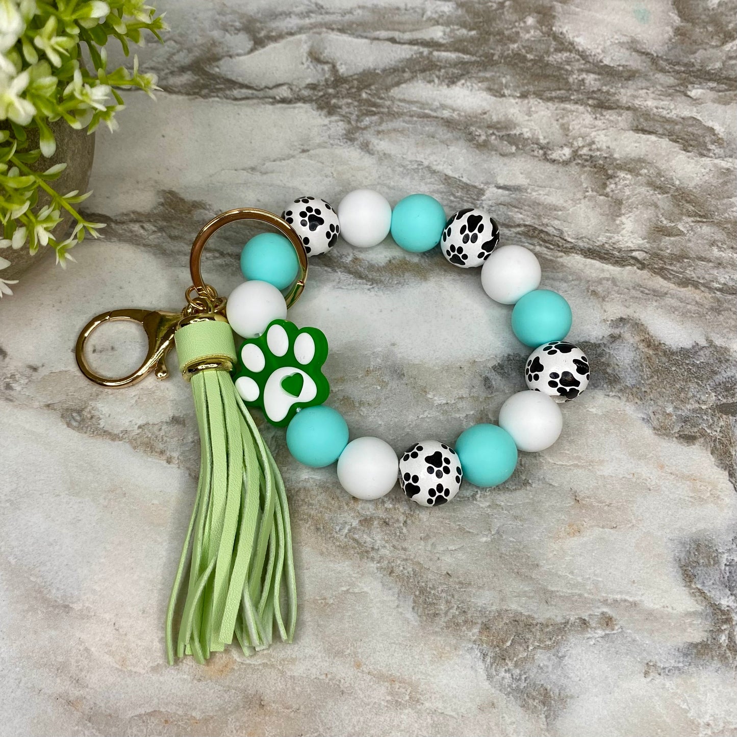 Silicone Bracelet Keychain - Turquoise Green Paw Print