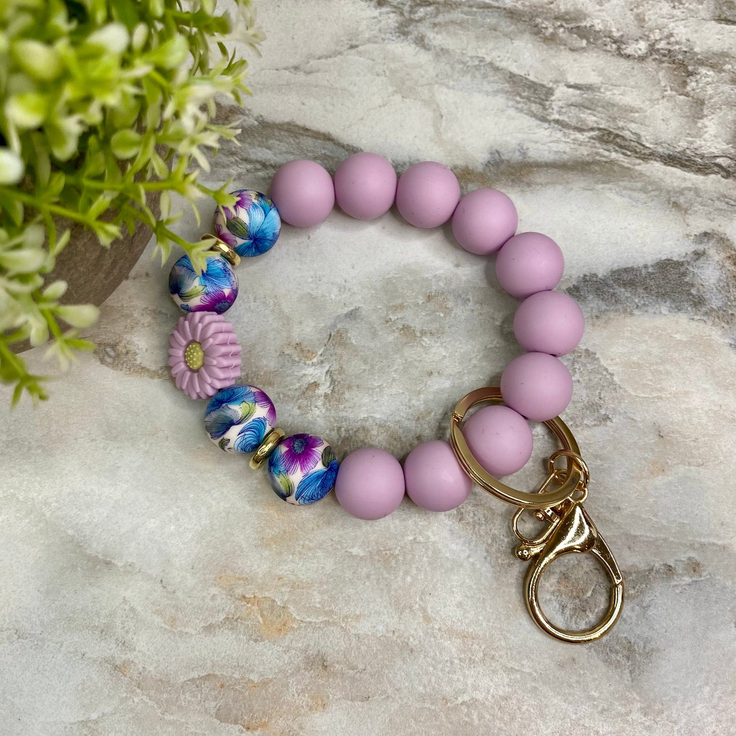 Silicone Bracelet Keychain - Light Purple Floral Sunflower