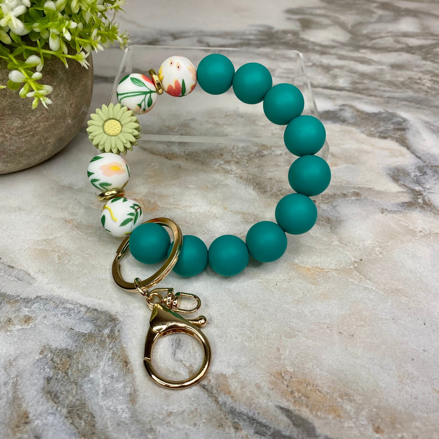 Silicone Bracelet Keychain - Teal Sunflower Gold