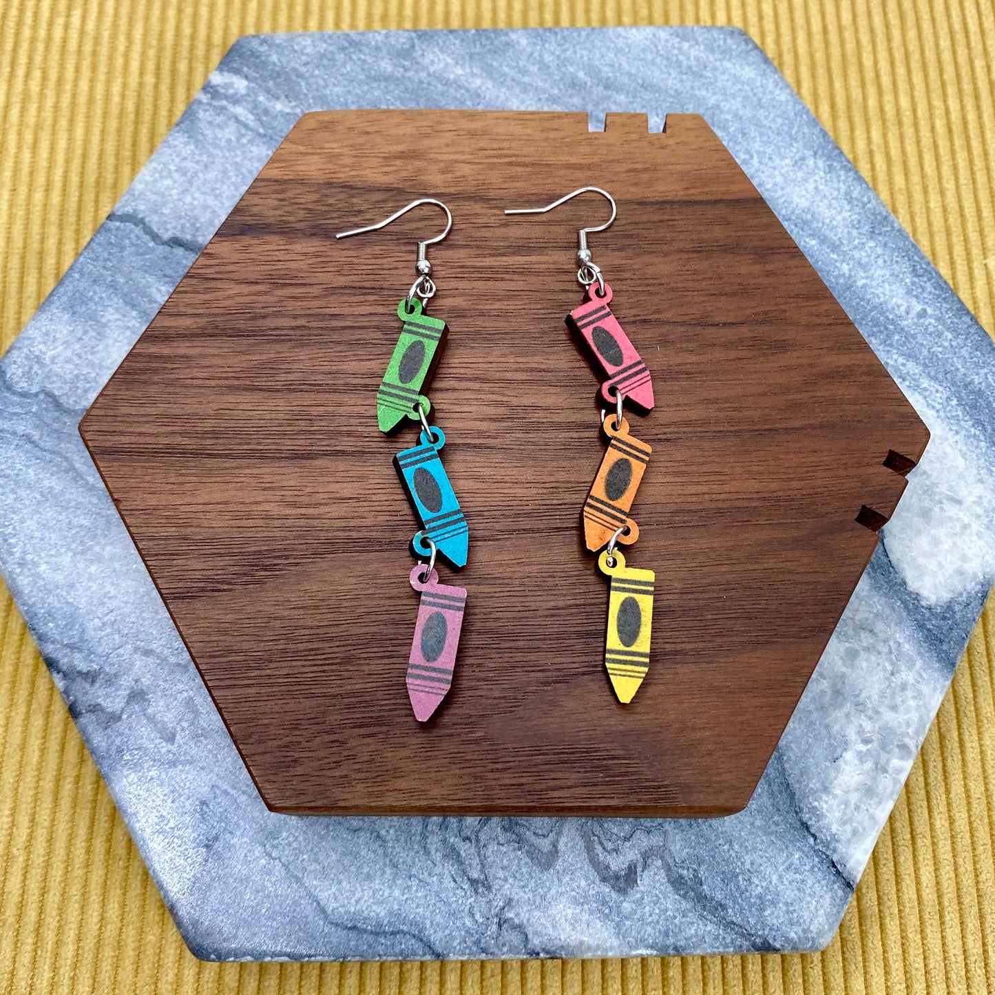 Wooden Dangle Earrings - Teacher - Crayons