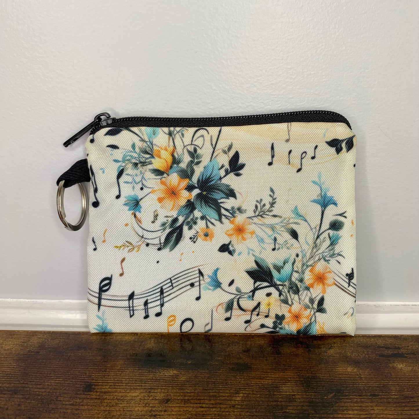 Music Notes Floral - Water-Resistant Mini Pouch w/ Keyring