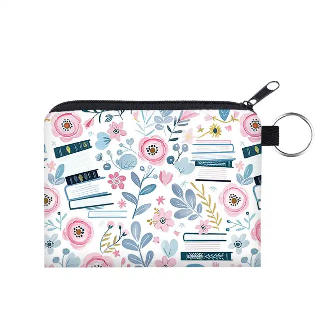 Pink Floral Books - Water-Resistant Mini Pouch w/ Keyring