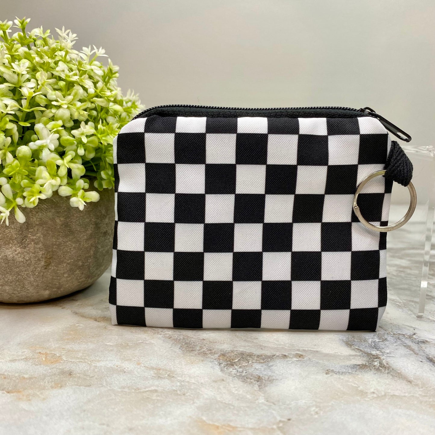 Black & White Checkered - Water-Resistant Mini Pouch w/ Keyring