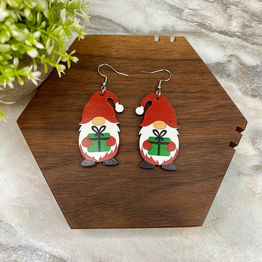 Wooden Dangle Earrings - Christmas - Gnome Present