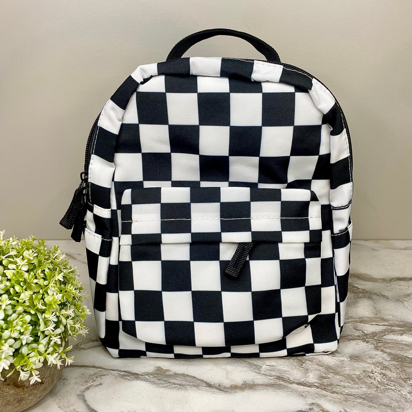 Black & White Checkered - Water-Resistant Mini Backpack