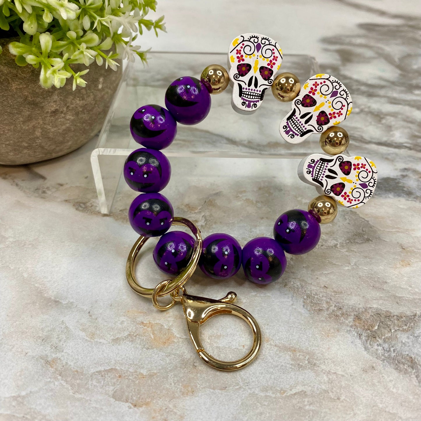 Wood Bracelet - Halloween - Purple Skull Dracula