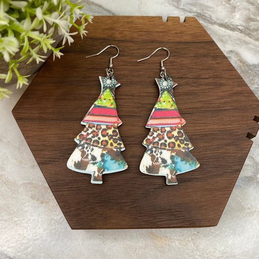 Wooden Dangle Earrings - Christmas - Multi-Print Tree