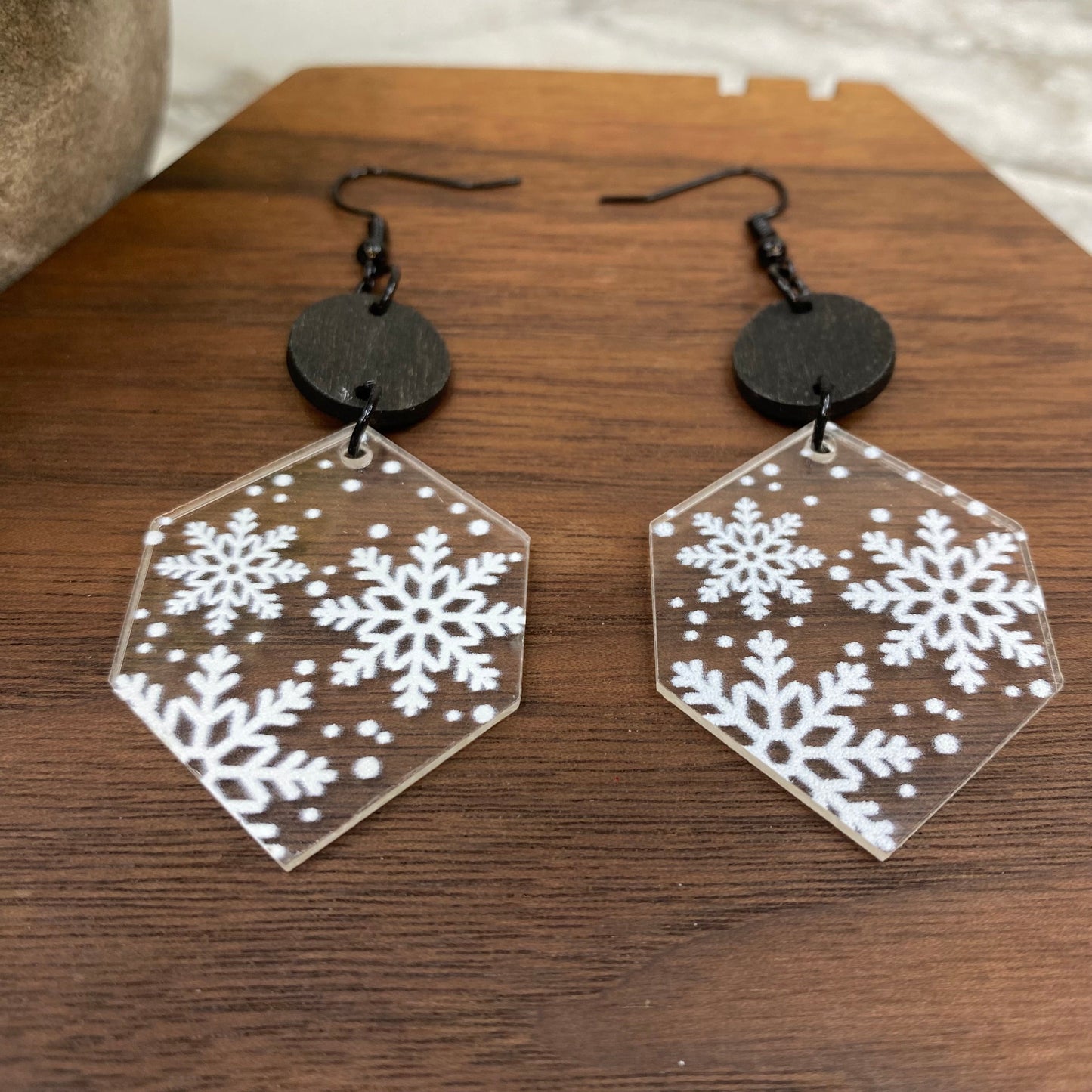 Acrylic & Wood Dangle Earrings - Clear Hexagon Snowflake