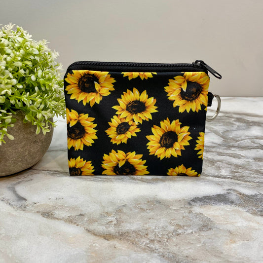 Sunflower On Black - Water-Resistant Mini Pouch w/ Keyring