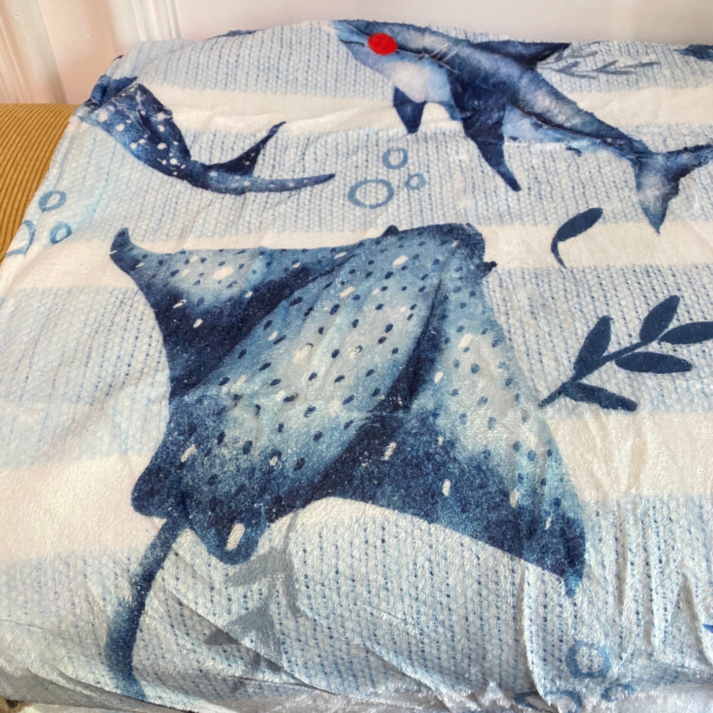 Ocean Blue Stripe Stingray Shark Minky Blanket