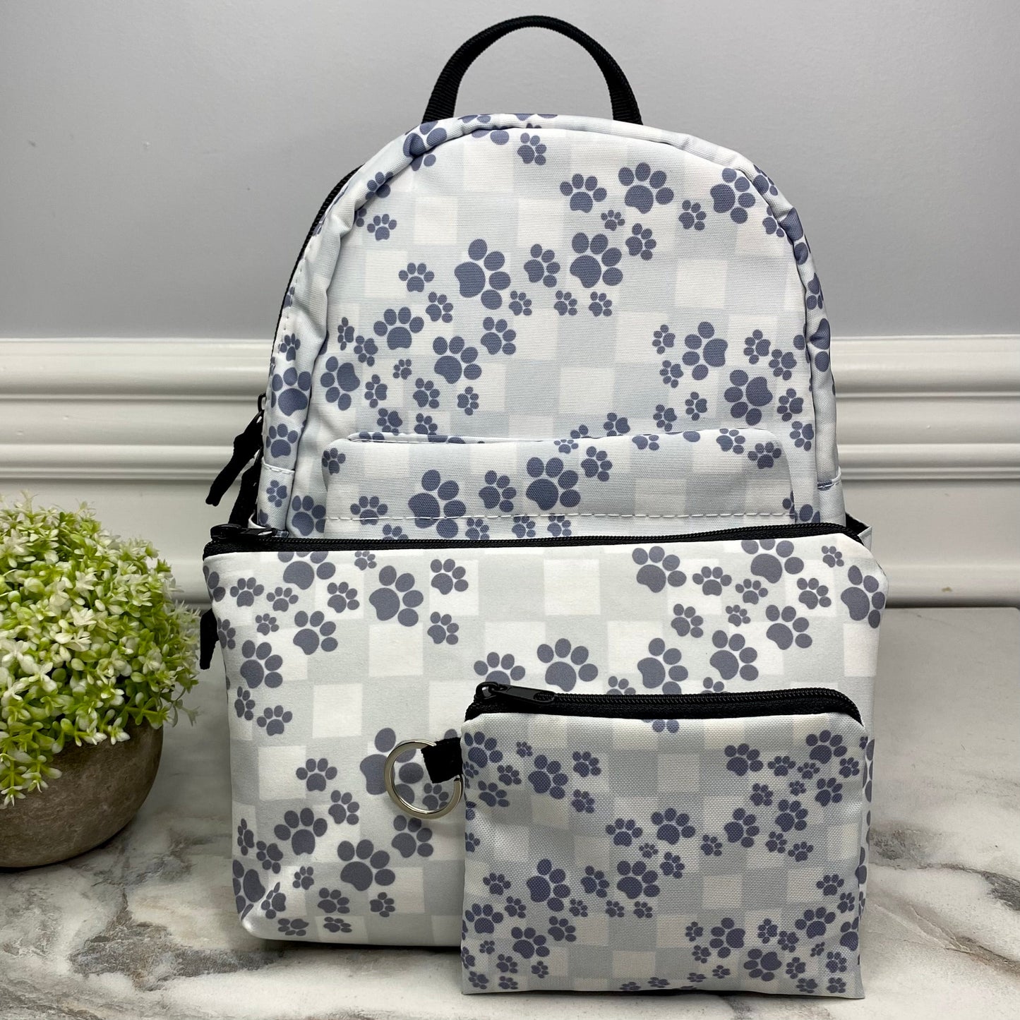 Paw Print Plaid - Water-Resistant Mini Backpack & Pouches Set