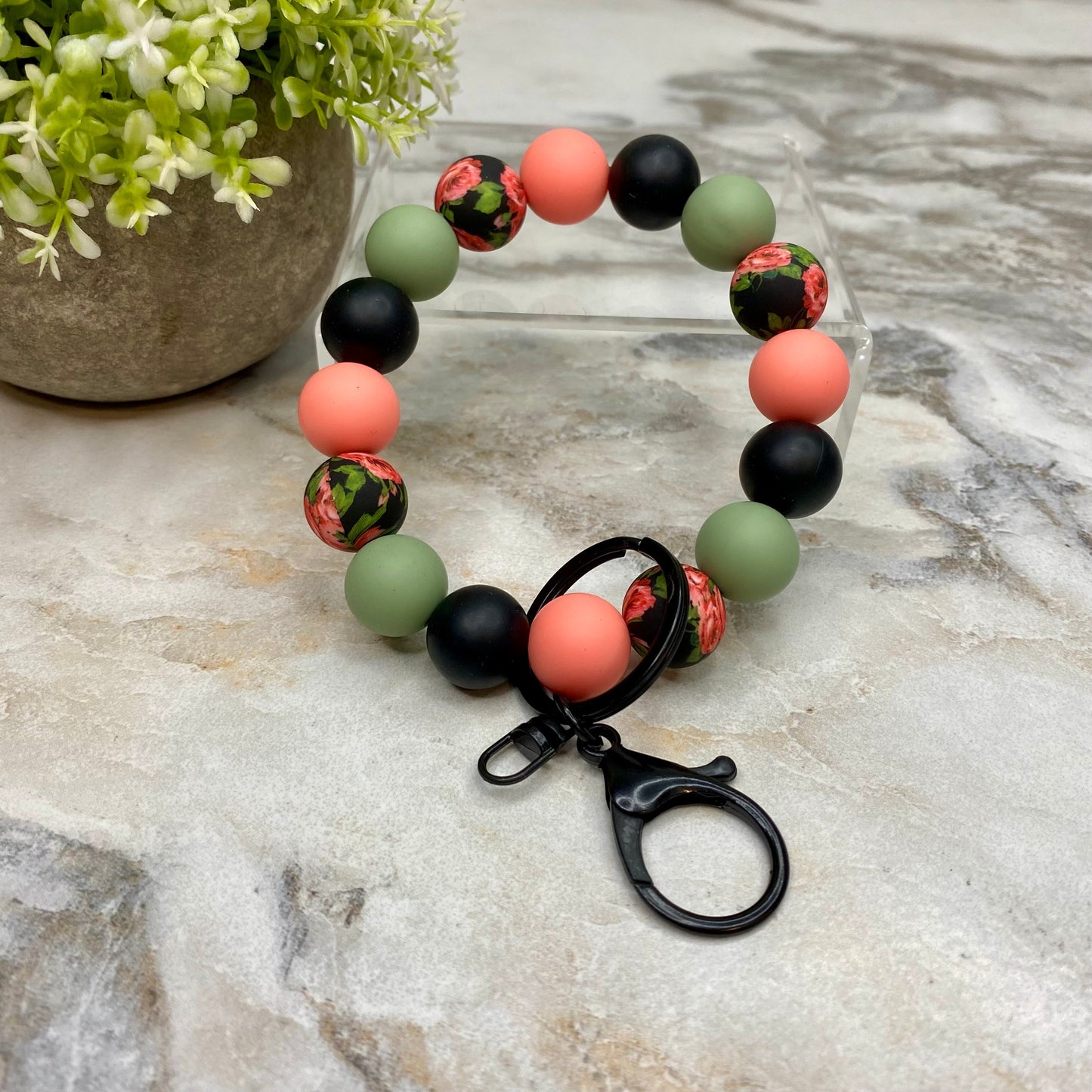 Silicone Bracelet Keychain - Olive Coral Black Roses