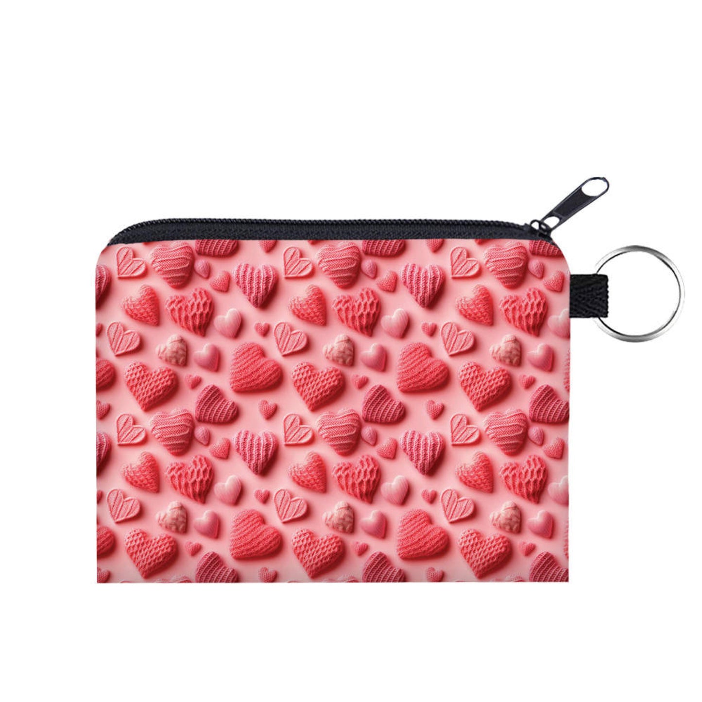 All Pink Knit Hearts - Water-Resistant Mini Pouch w/ Keyring