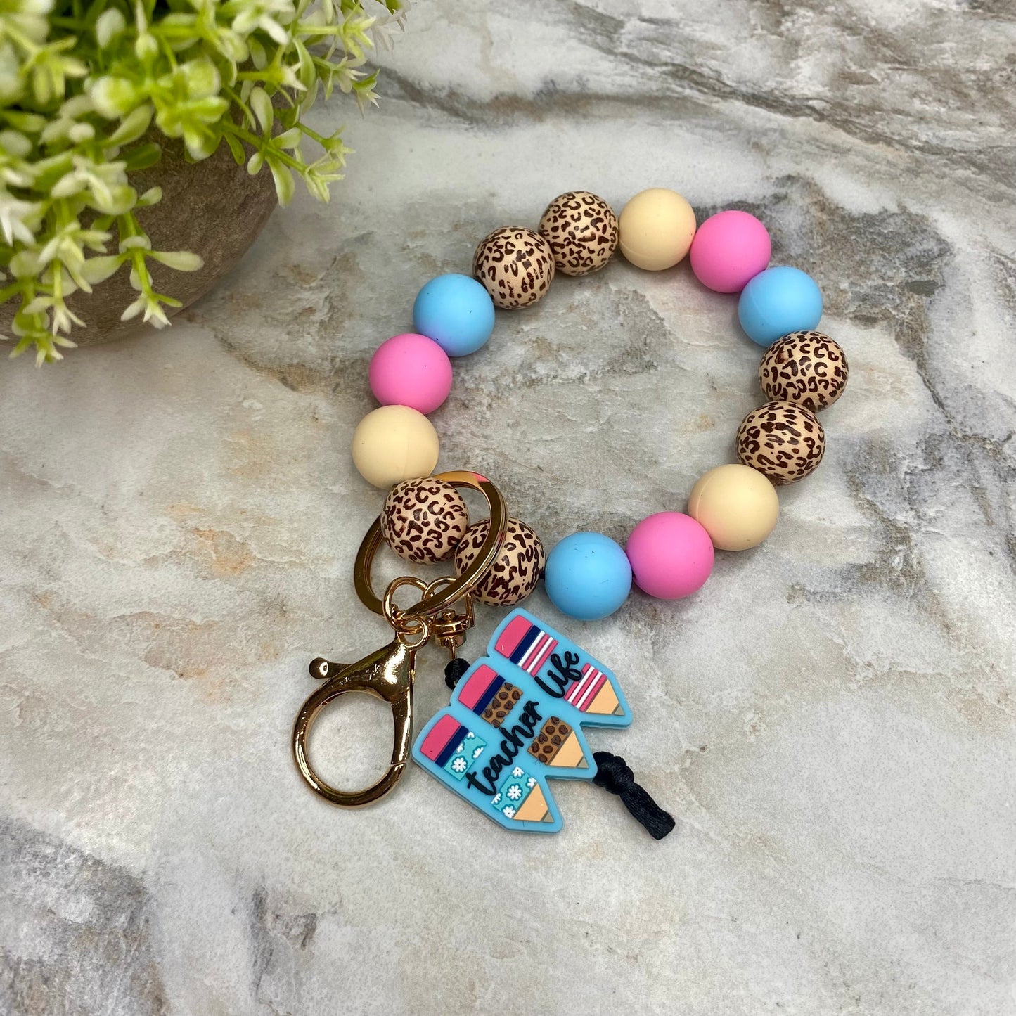 Silicone / Wood Bracelet Keychain - Teacher Life